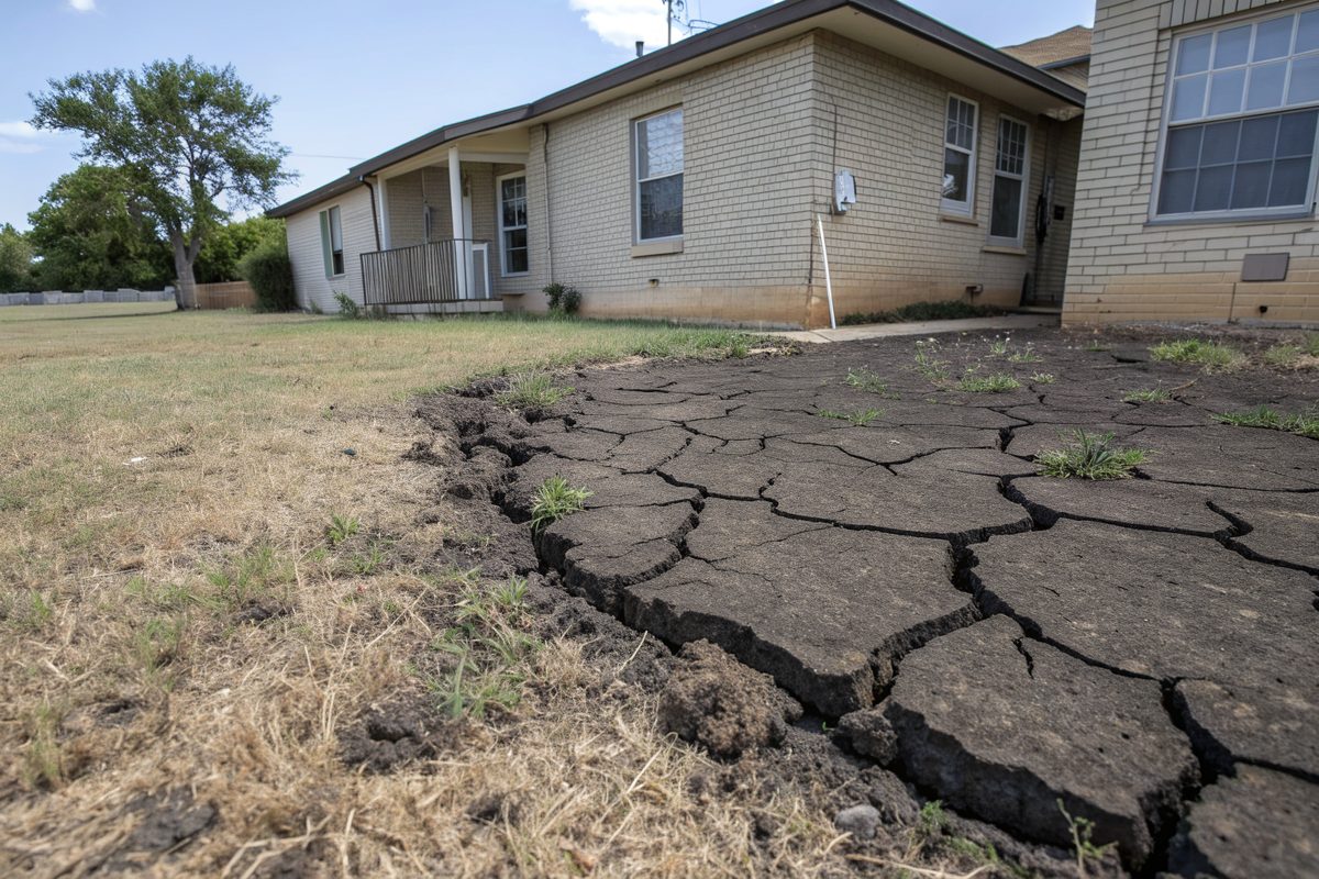 Deep drought cracks in dark clay soil next to a concrete foundation