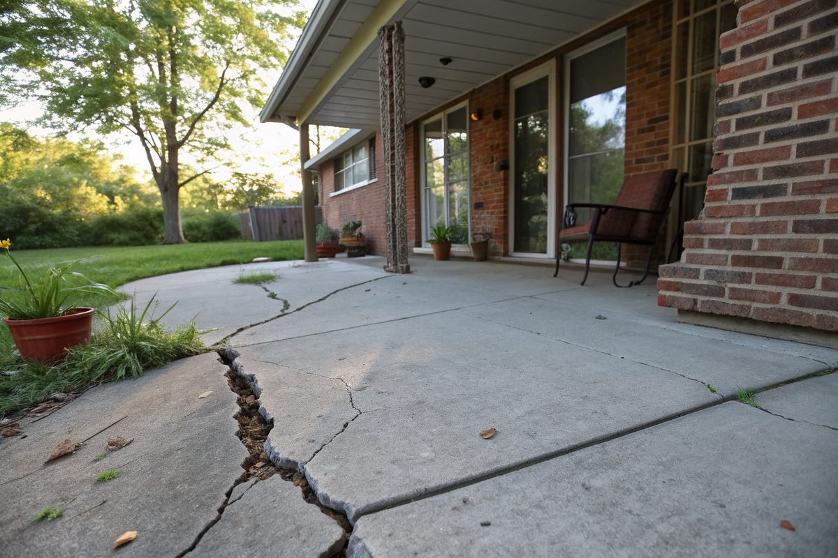 A cracked concrete patio slab pulling away from a brick house