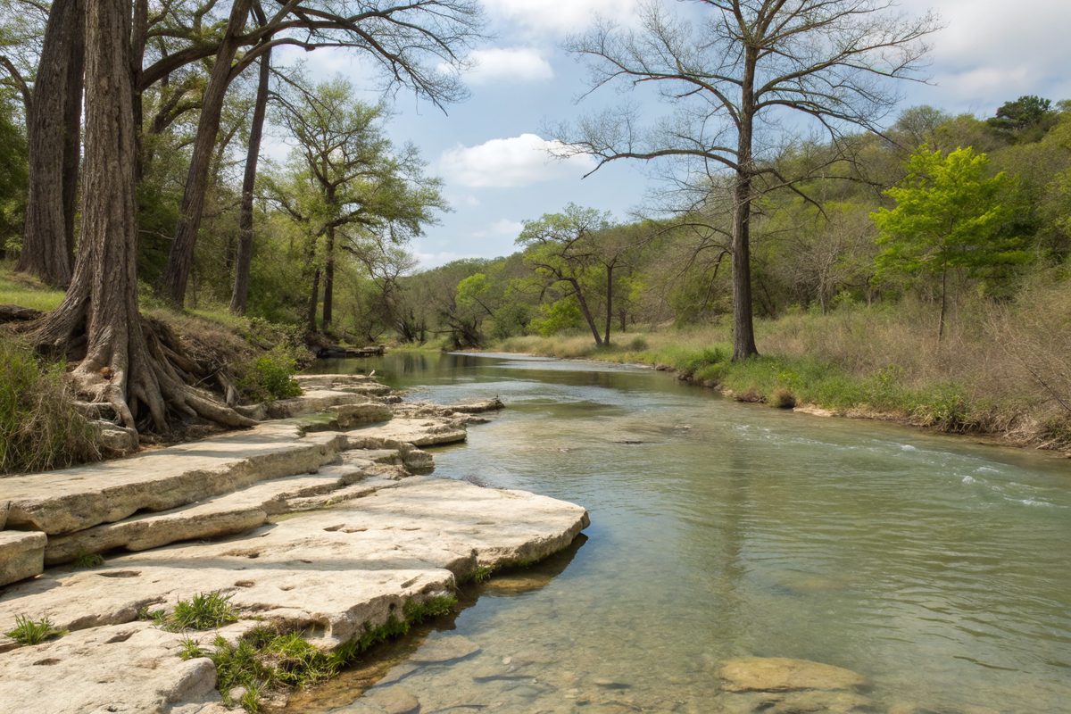 A shallow creek running over limestone ledges under pecan and cypress trees