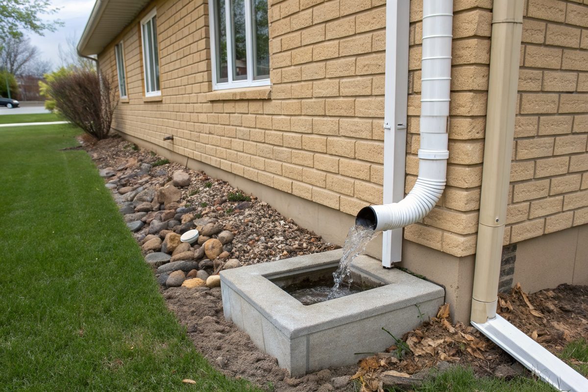 A downspout and splash block draining away from a brick foundation