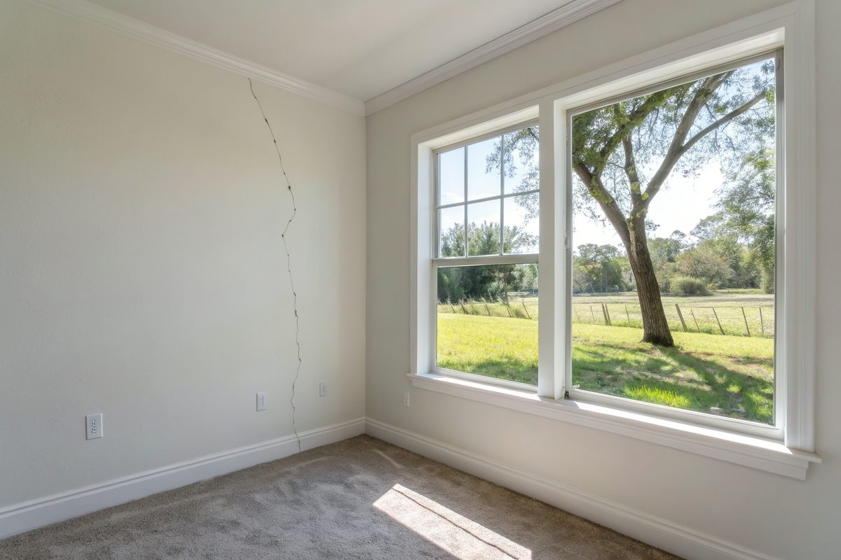 A long crack running down an interior drywall wall