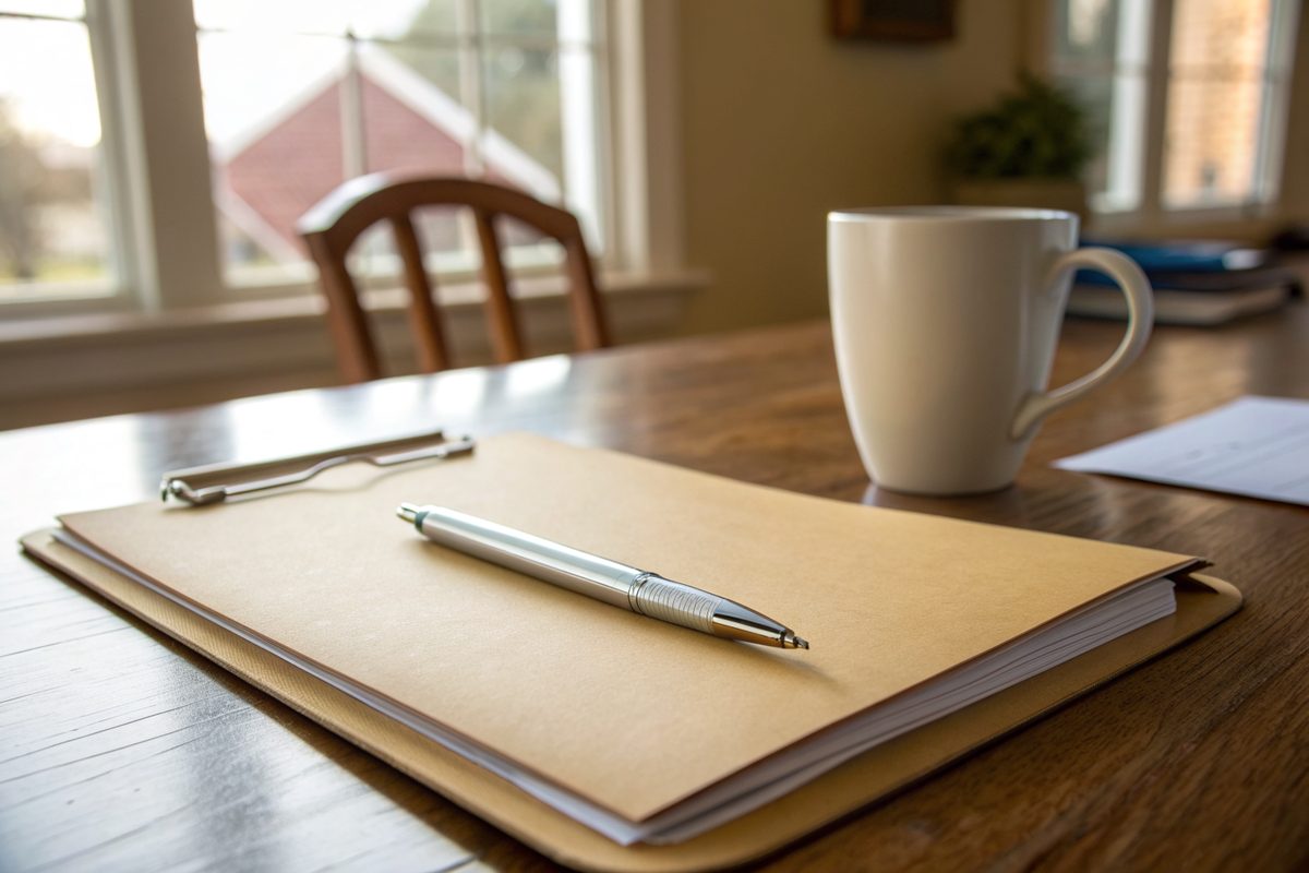A folder, a pen and a coffee mug on a wooden kitchen table