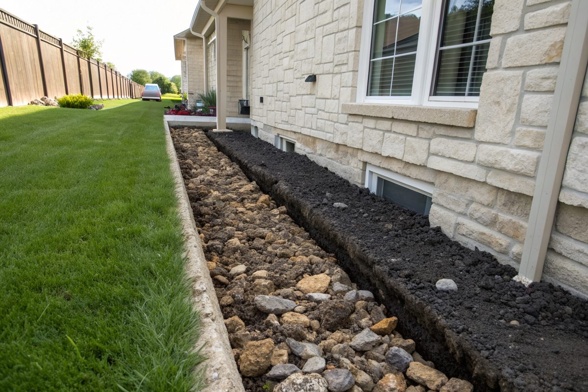 A gravel-filled drain trench along the side of a stone house
