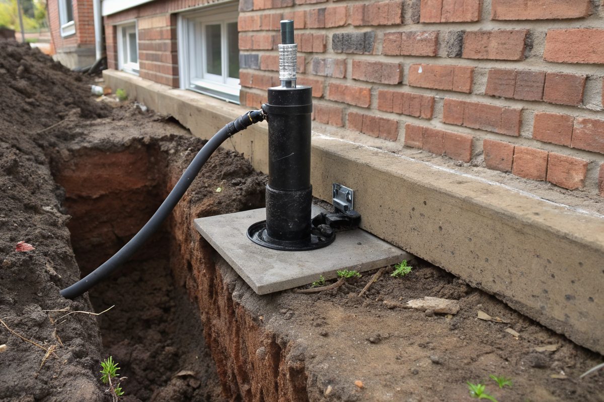 A hydraulic jack and steel bracket at the edge of a house slab in a trench