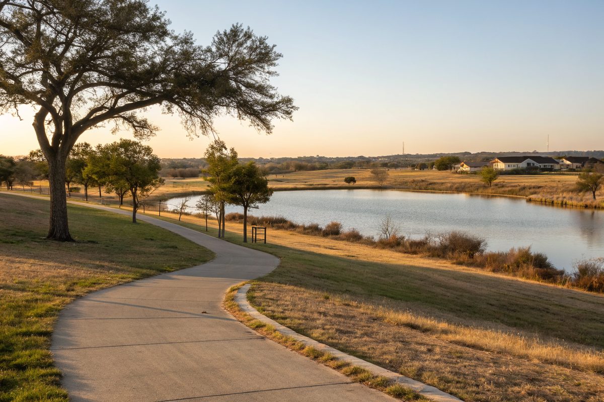 A small lake with a walking trail and grassy banks in late afternoon
