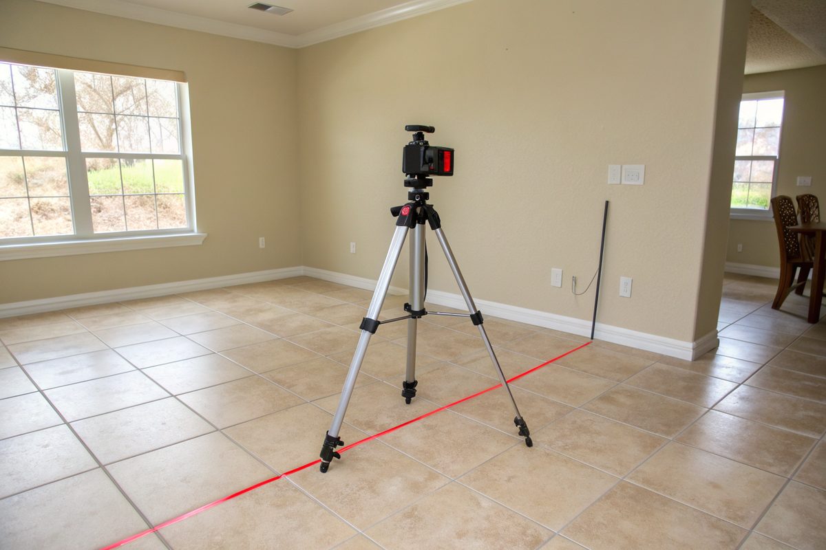 A laser level on a tripod in an empty room with a tile floor