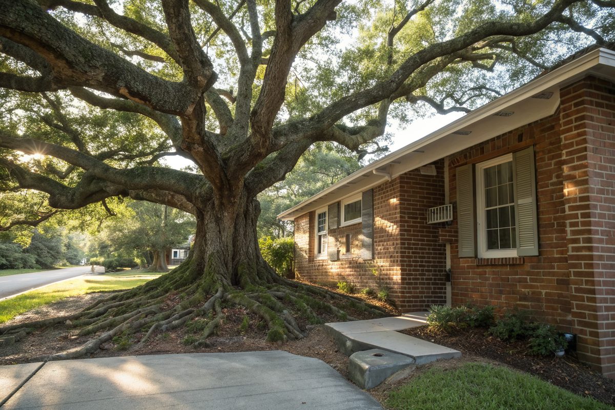 A large live oak close to a house corner with roots near the slab