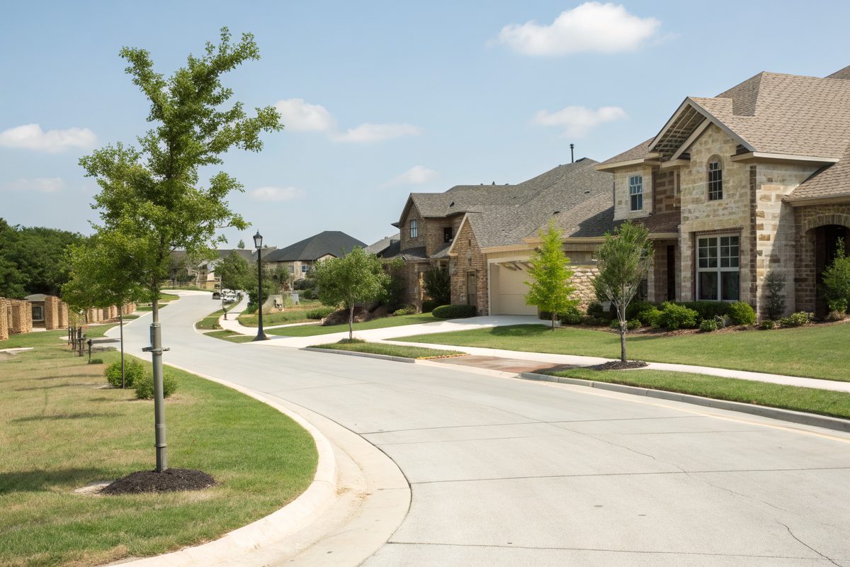 A curving street of newer brick and stone homes with small trees