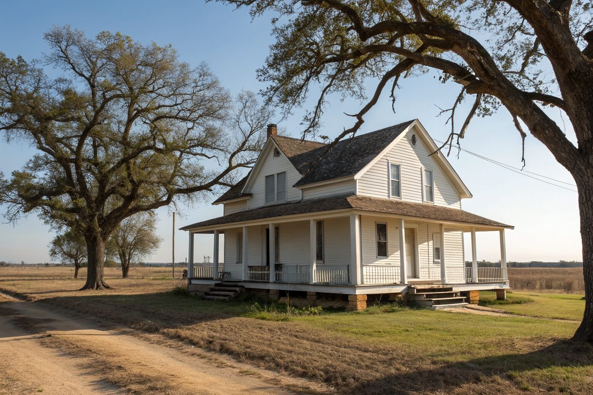 A white wooden farmhouse with a deep porch raised on short piers