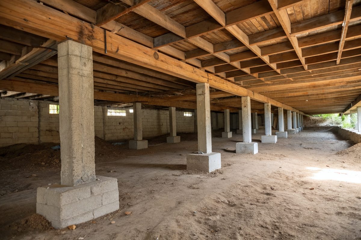 Concrete piers, wood beams and floor joists under an older house