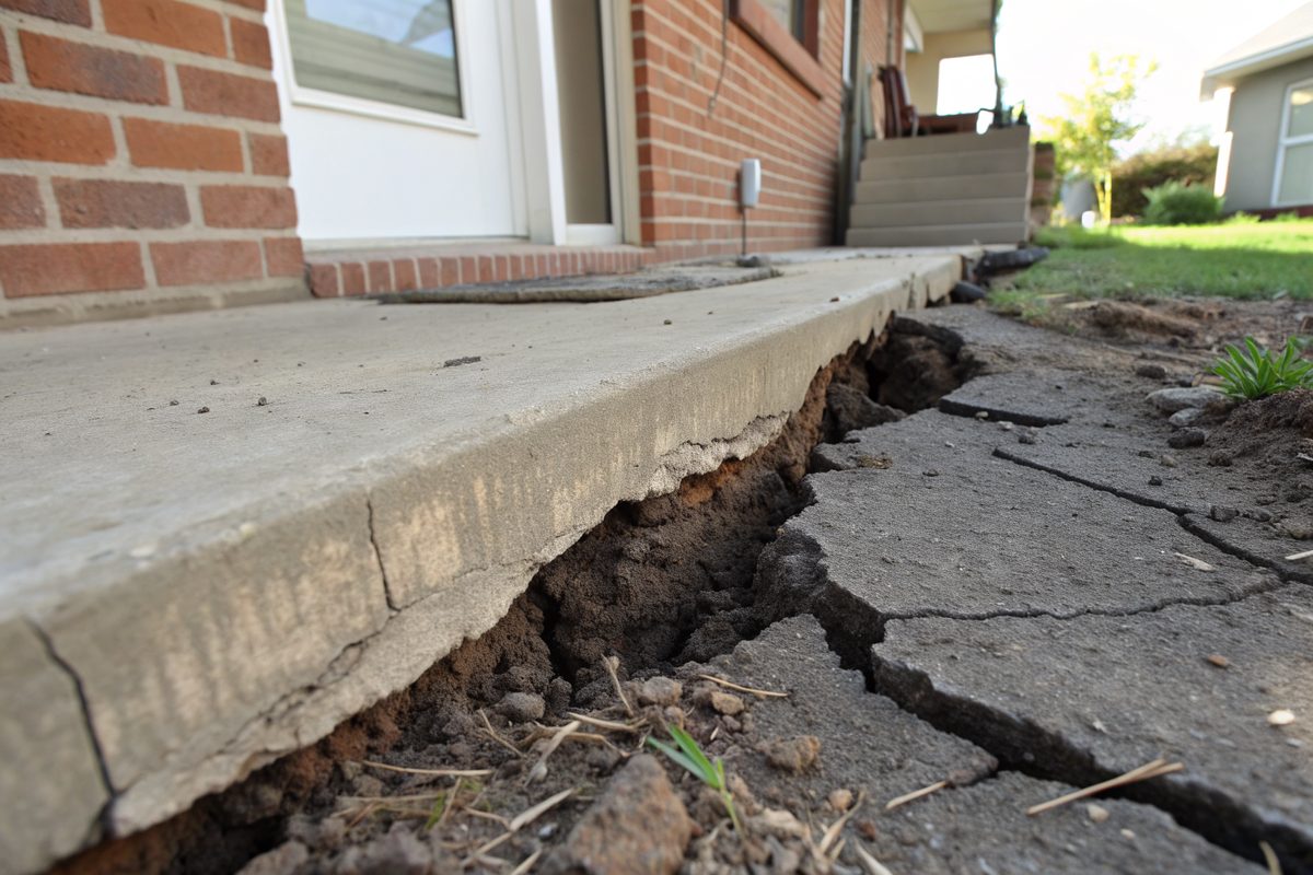A gap between dry cracked soil and the edge of a house slab