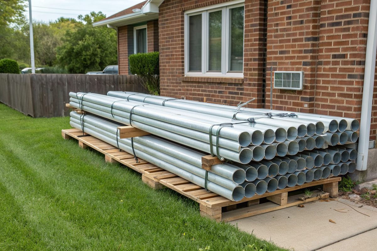 Galvanized steel pier sections stacked on a pallet beside a brick house