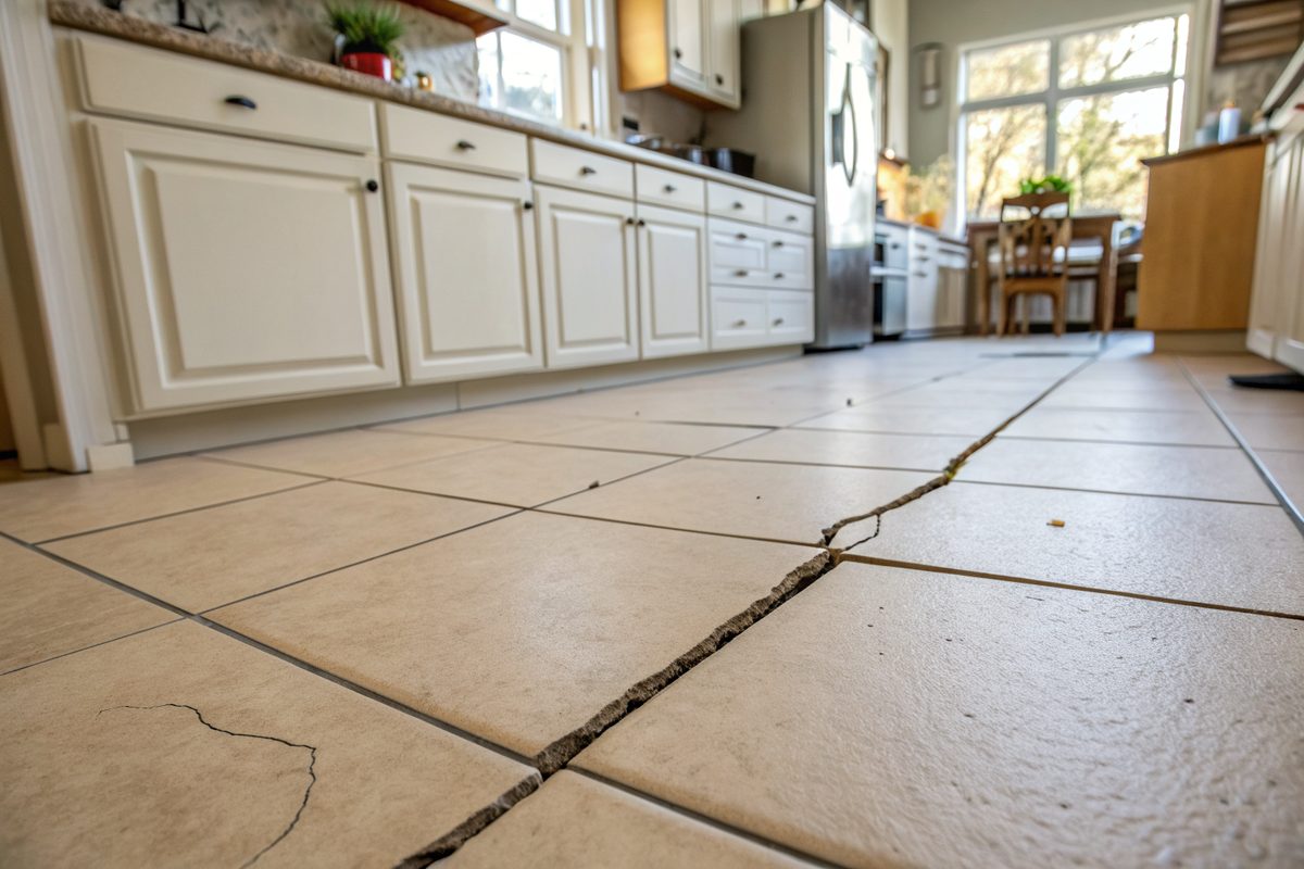 A crack running across large ceramic floor tiles in a kitchen