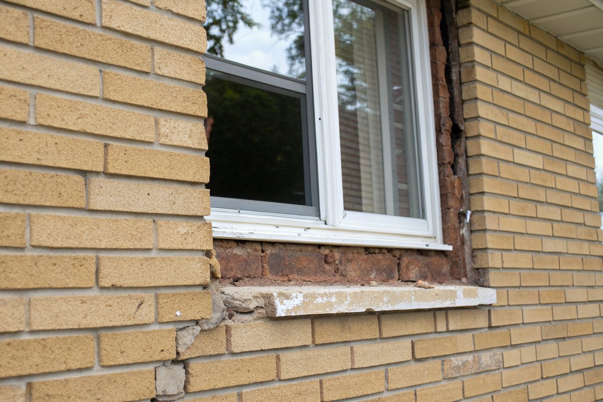 A gap opening between brick and white window trim